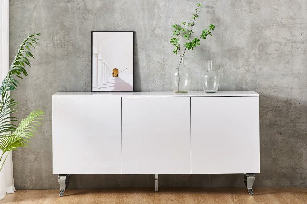 Buffet Baroque Laqué Blanc 3 Portes – 160x40x80 cm