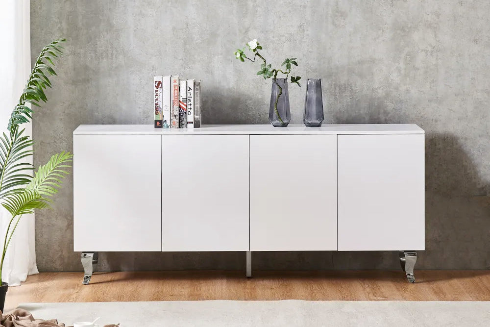 Buffet Baroque Laqué Blanc 4 Portes – 180x40x80 cm