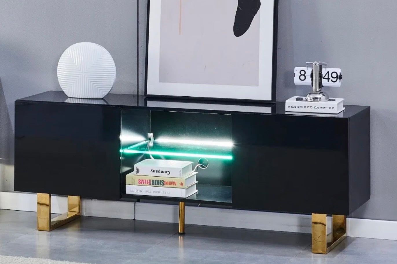Meuble TV Alya Bois Laqué Doré – LED Intégré