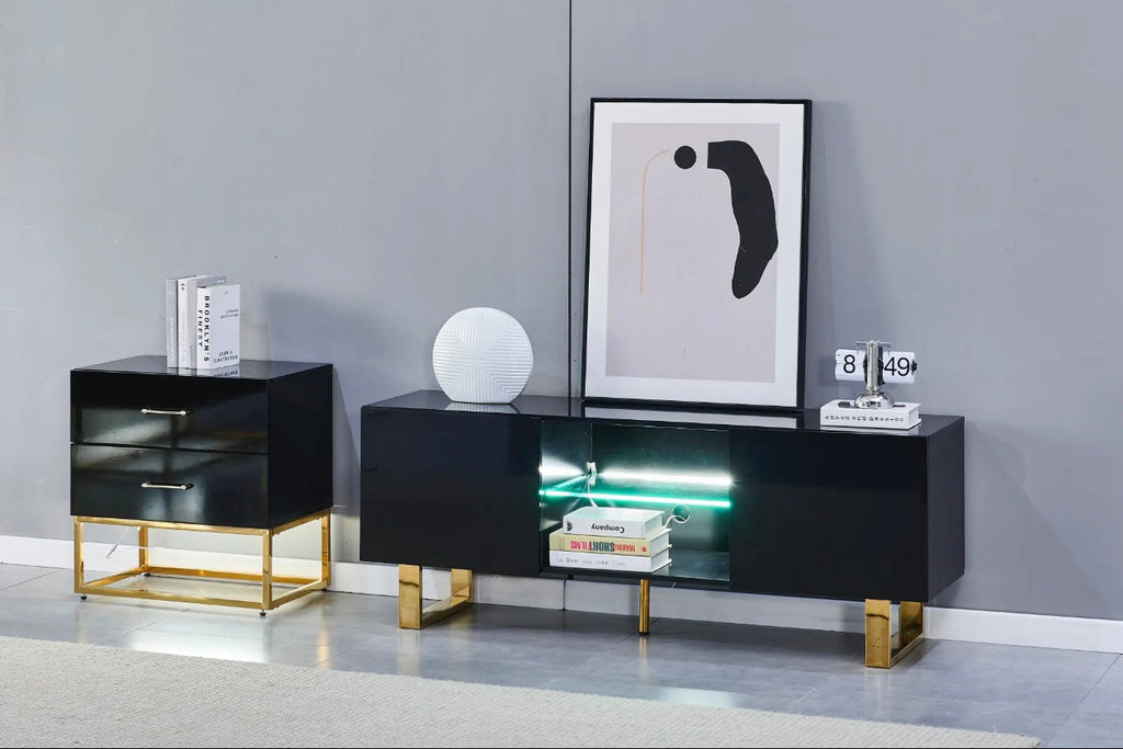 Meuble TV Alya Bois Laqué Doré – LED Intégré