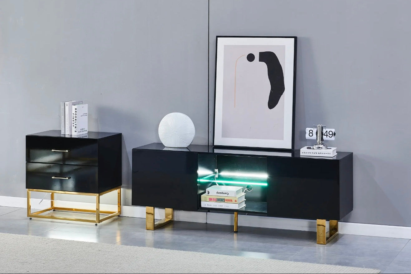Meuble TV Alya Bois Laqué Doré – LED Intégré
