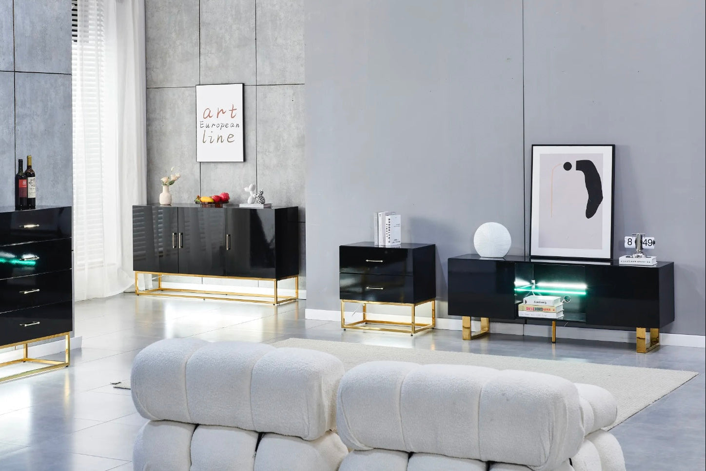 Meuble TV Alya Bois Laqué Doré – LED Intégré